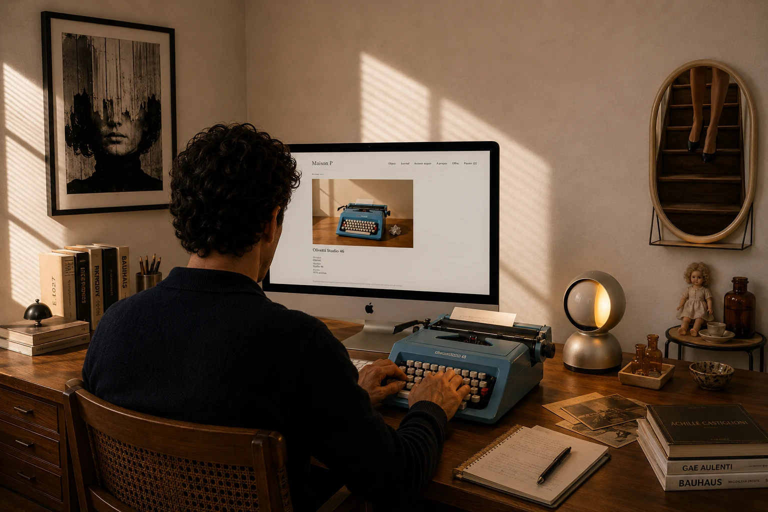 Achille Parmentier au bureau avec l’Olivetti Studio 46 et l’Eclisse