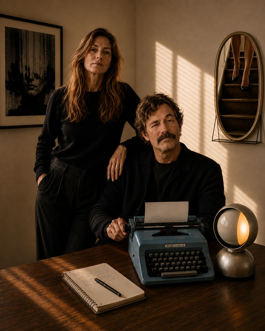 Claude Girofle et Achille Parmentier dans l’univers Maison P, avec une Olivetti Studio 46 et une Eclisse de Vico Magistretti
