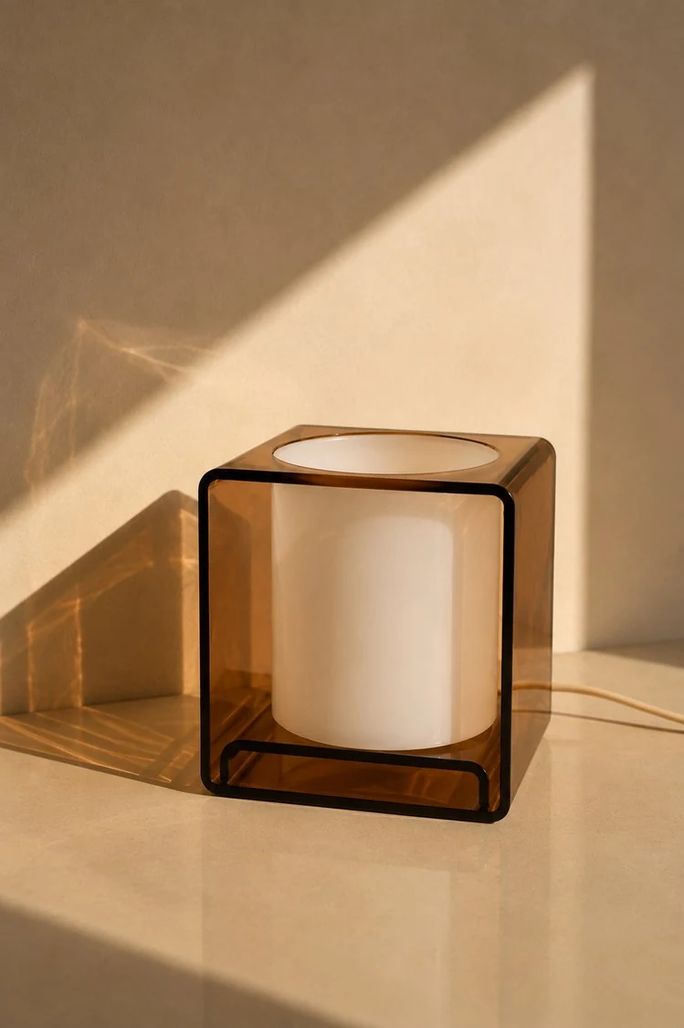 Lampe cubique en Altuglas fumé — autre angle — lampe de table Altuglas vintage