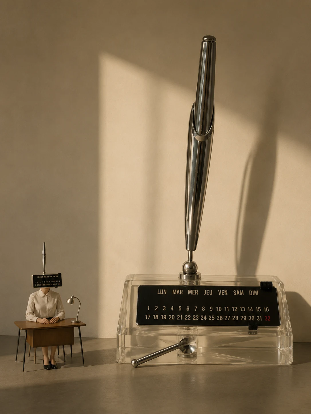 Le 32 existe — nécessaire de bureau en lucite dans une scène absurde