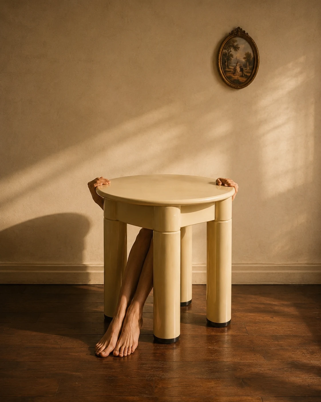 Sous la table — tabouret Gedy et silhouette cachée