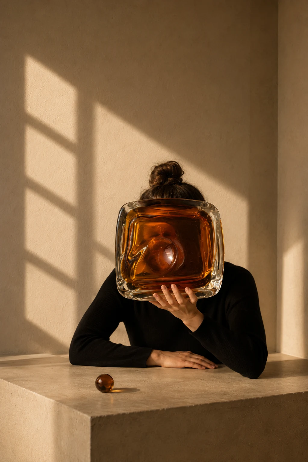 Le visage contenu — vide-poche carré en verre ambré devant un visage