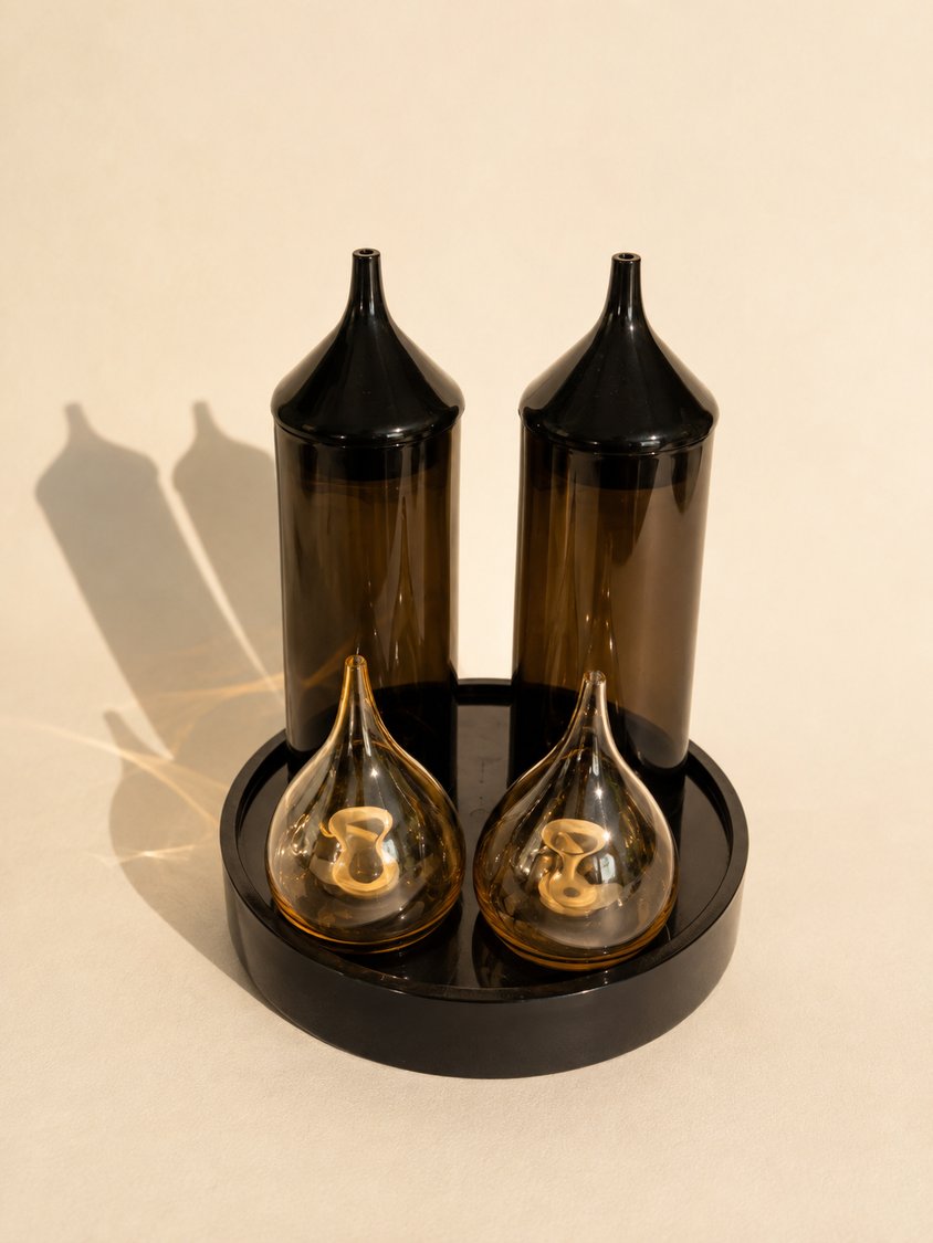 Service à condiments Guzzini — plexiglas fumé et verre